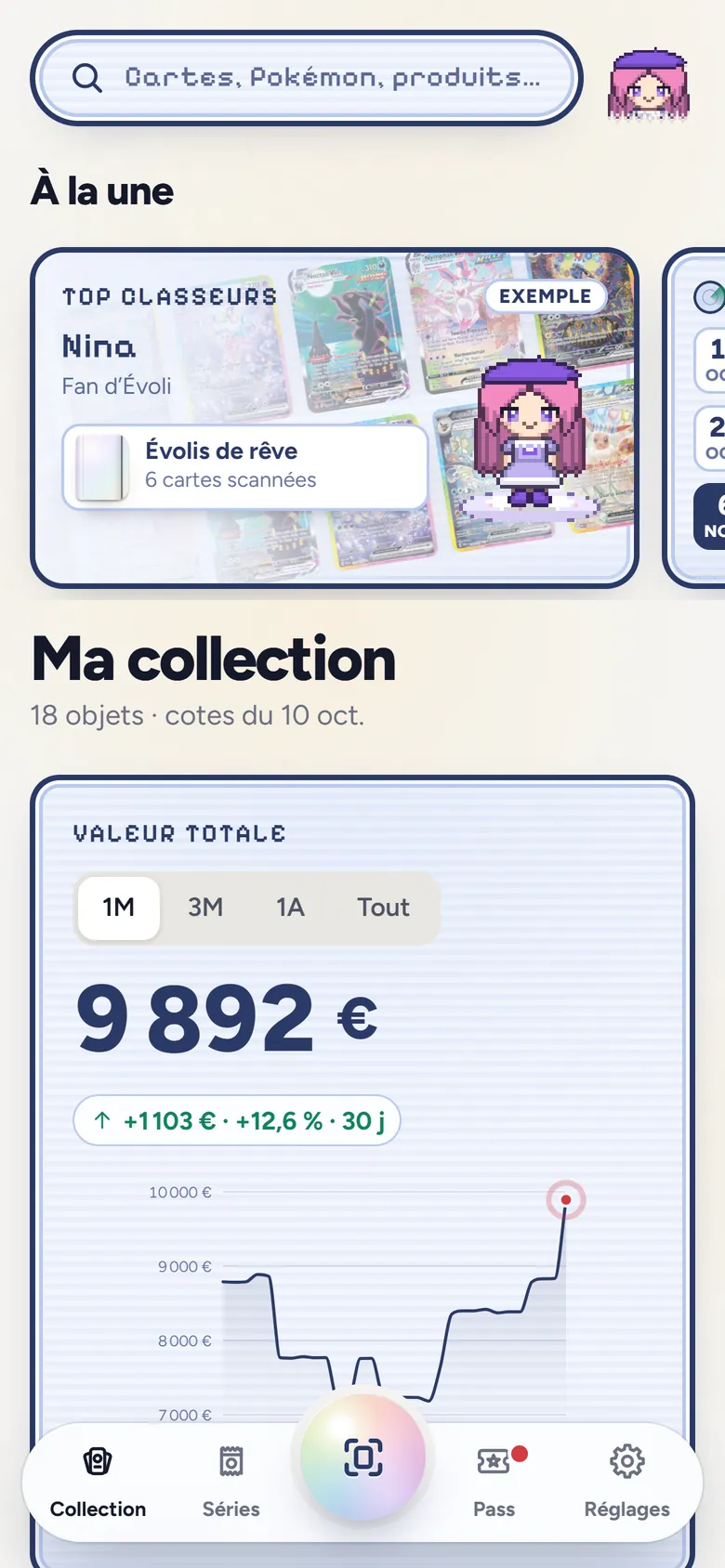 Accueil de PearlTCG : tendances de la semaine et valeur totale de la collection