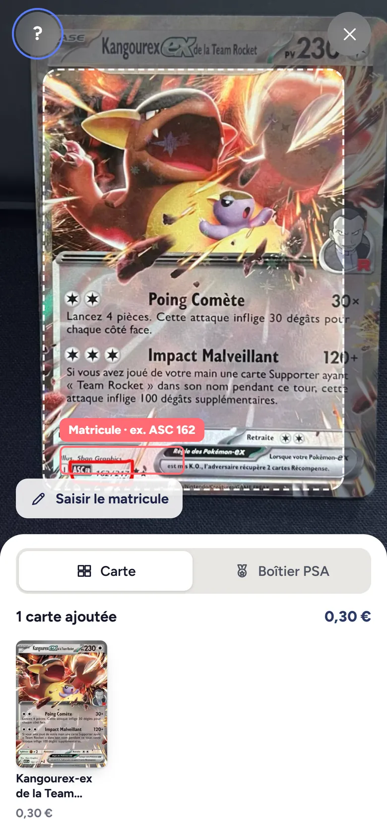 Scan en direct : la carte est cadrée et son matricule repéré