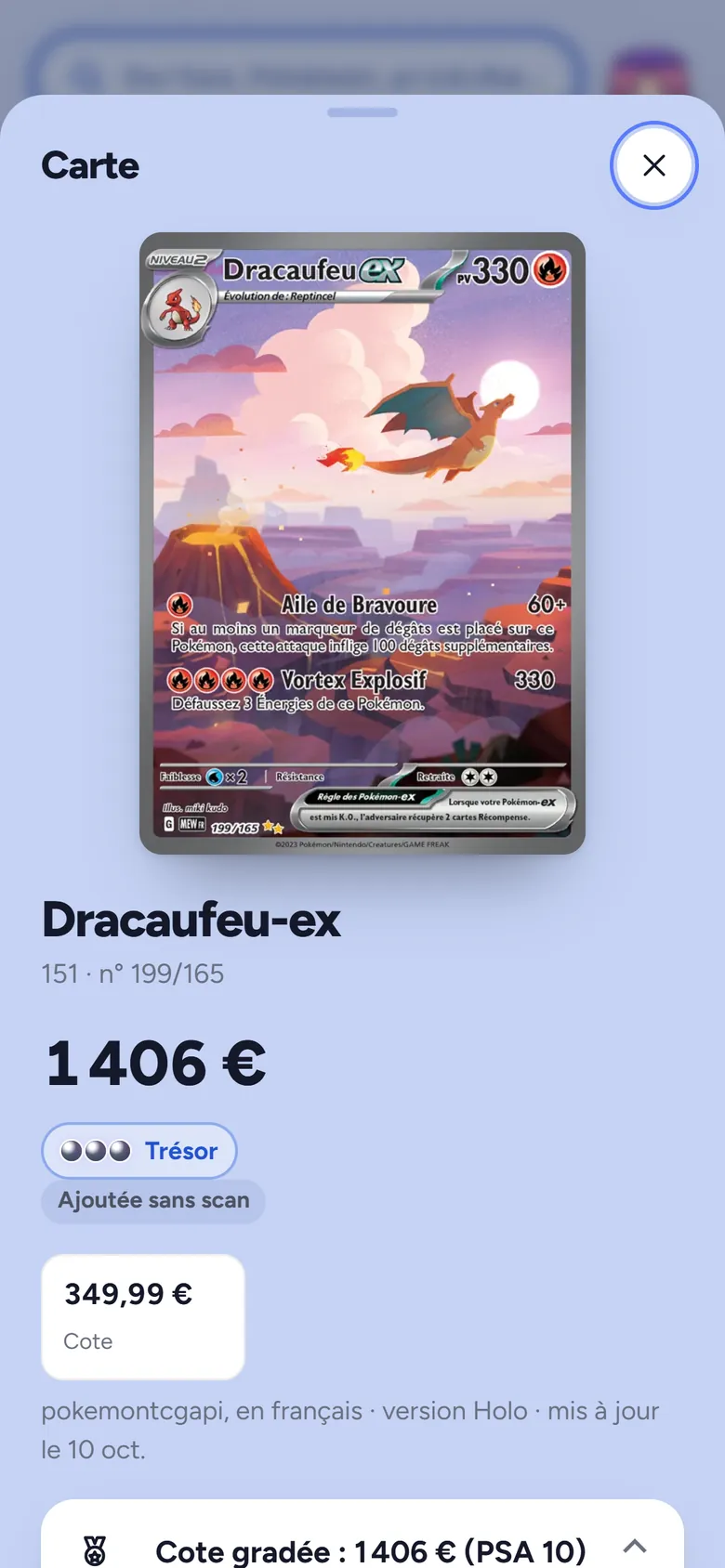 Fiche d’une carte gradée PSA 10, thème Saphir